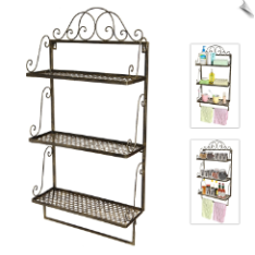 Rustic Brass Style Vintage Scrollwork Metal Wall Mounted 3 Shelf Storage Rack with Towel Bar